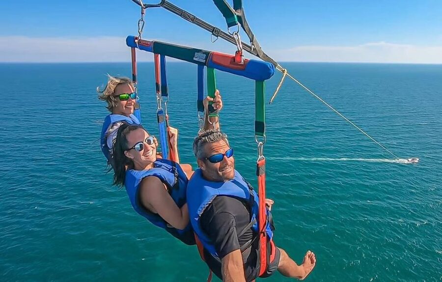 Destin: Parasailing Flight Above the Gulf of Mexico - Harnesses, life jackets, and the boat-platform launch