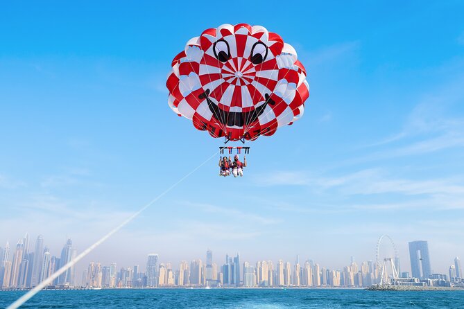 Parasailing in Dubai with Palm Jumeirah and JBR Beach views - From Dubai Harbour to JBR Beach